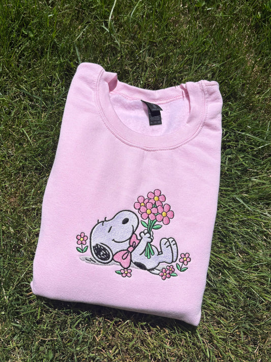 Flower Dog Embroidered Crewneck Pink